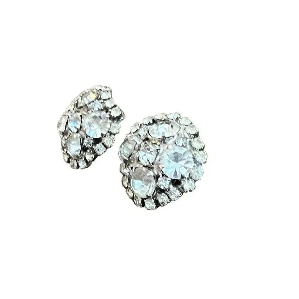 Vintage Formal Rhinestone Round Clip On Earrings Evening Bling